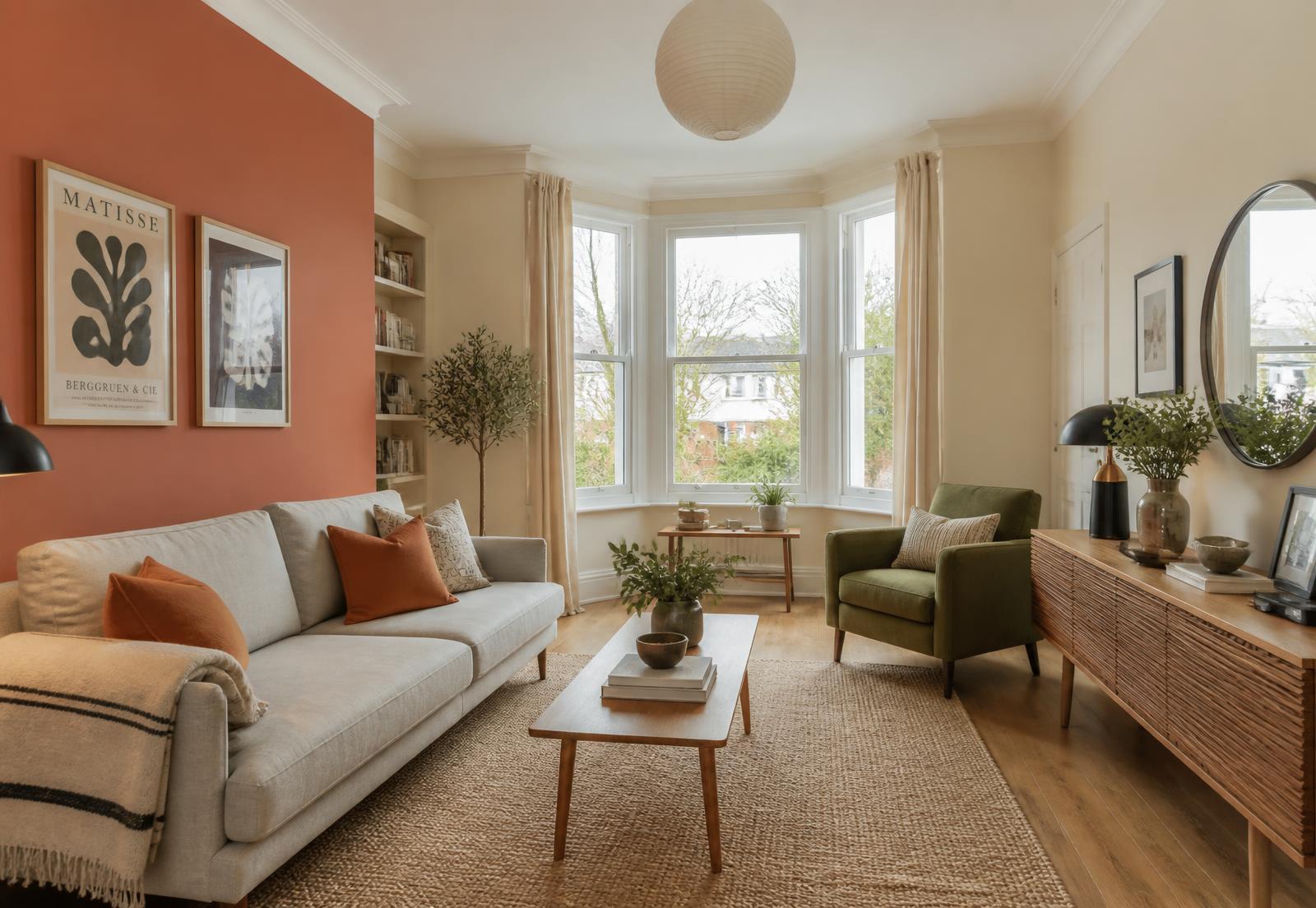 The same room after Ben-O Homes painting and styling, with a terracotta feature wall