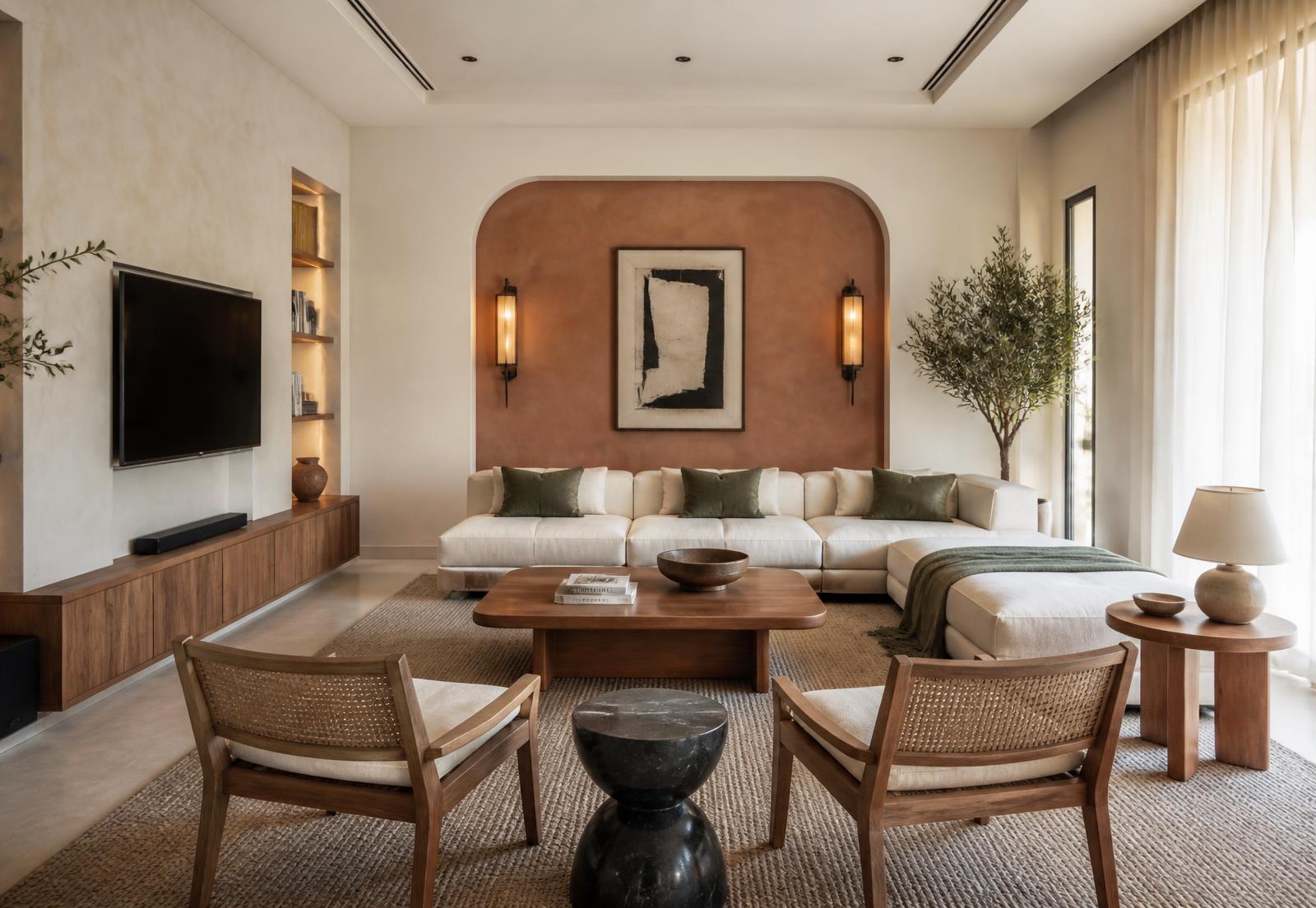 Warm contemporary living room with terracotta feature wall designed by Ben-O Homes