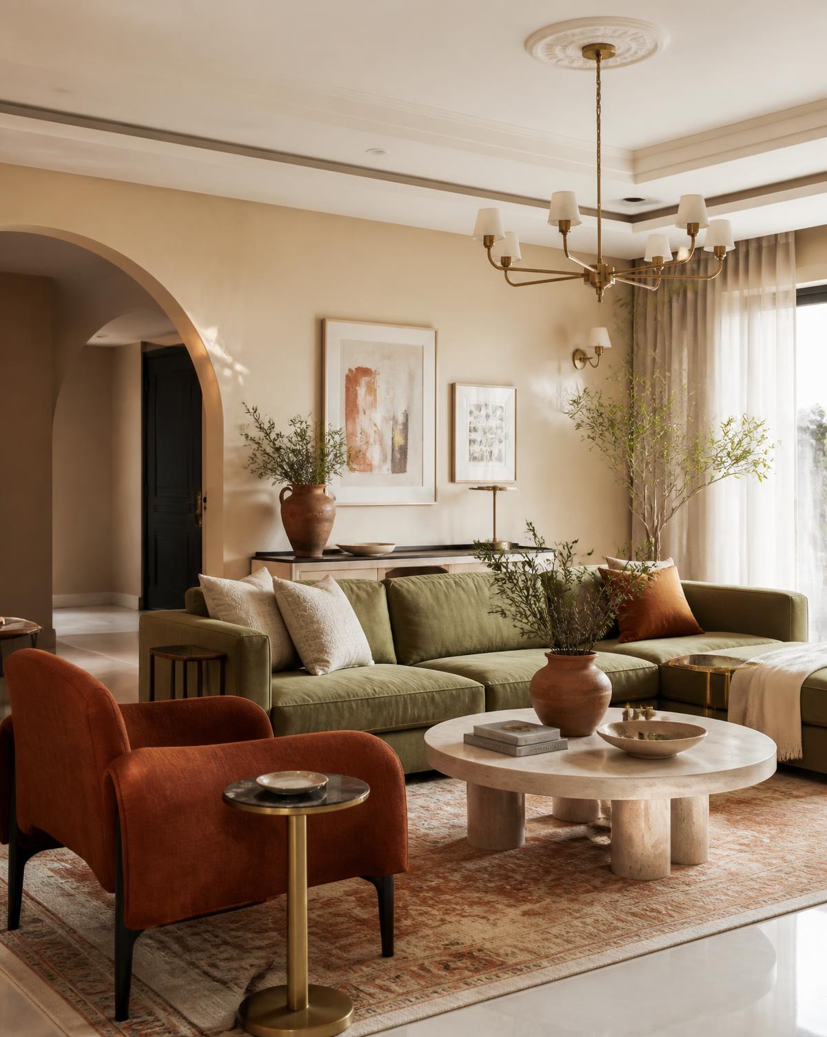 Warm living room with sage sofa and terracotta accents designed by Ben-O Homes