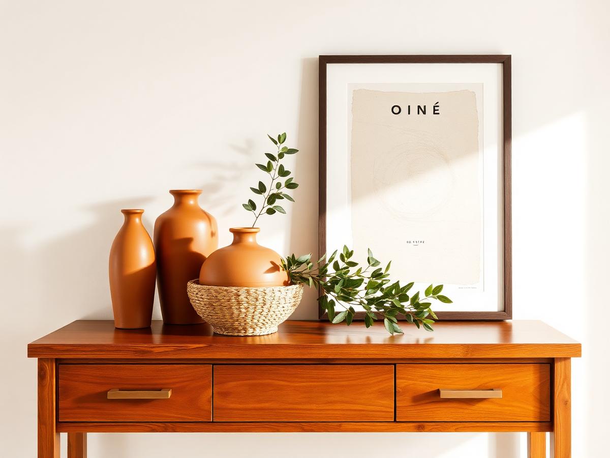 Styled console table with terracotta vases, basket and greenery