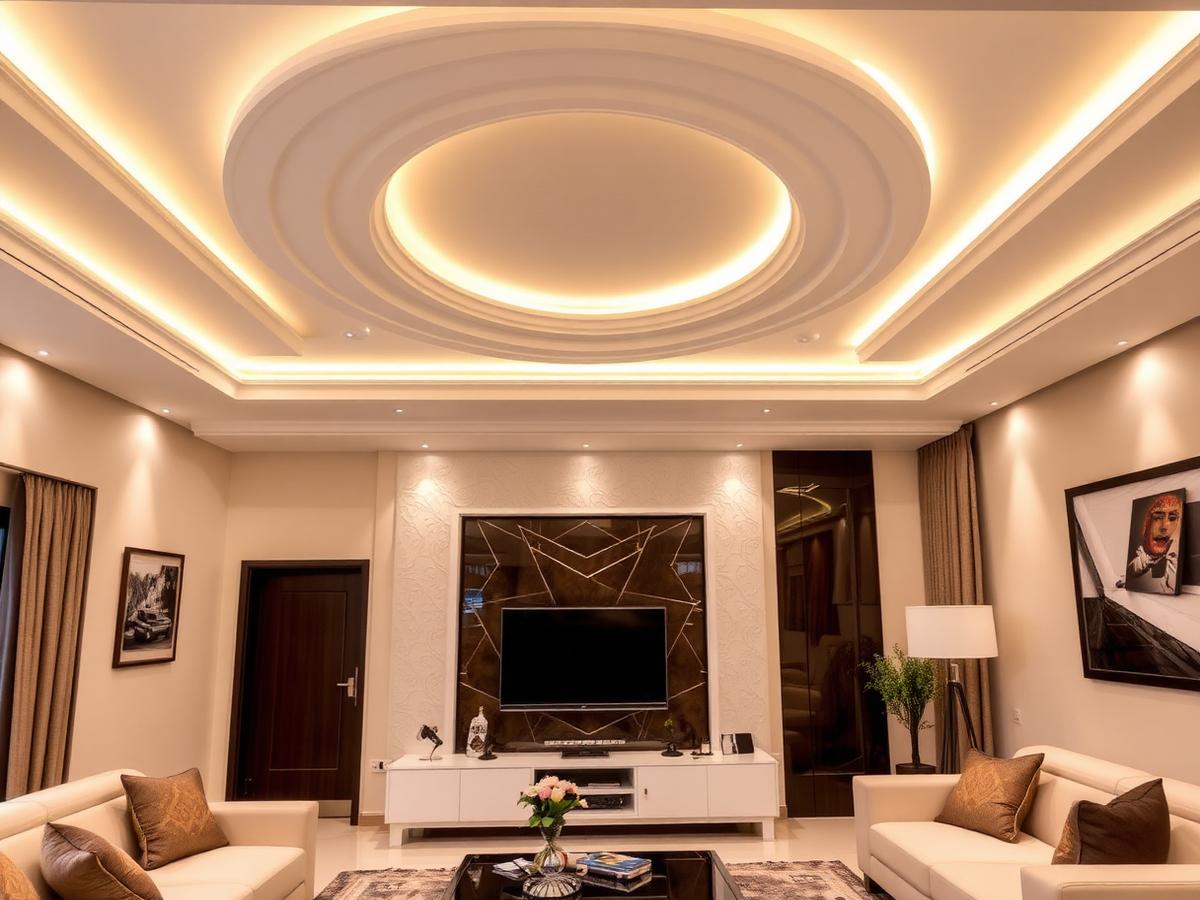 Sculpted POP ceiling with concealed cove lighting in a modern living room